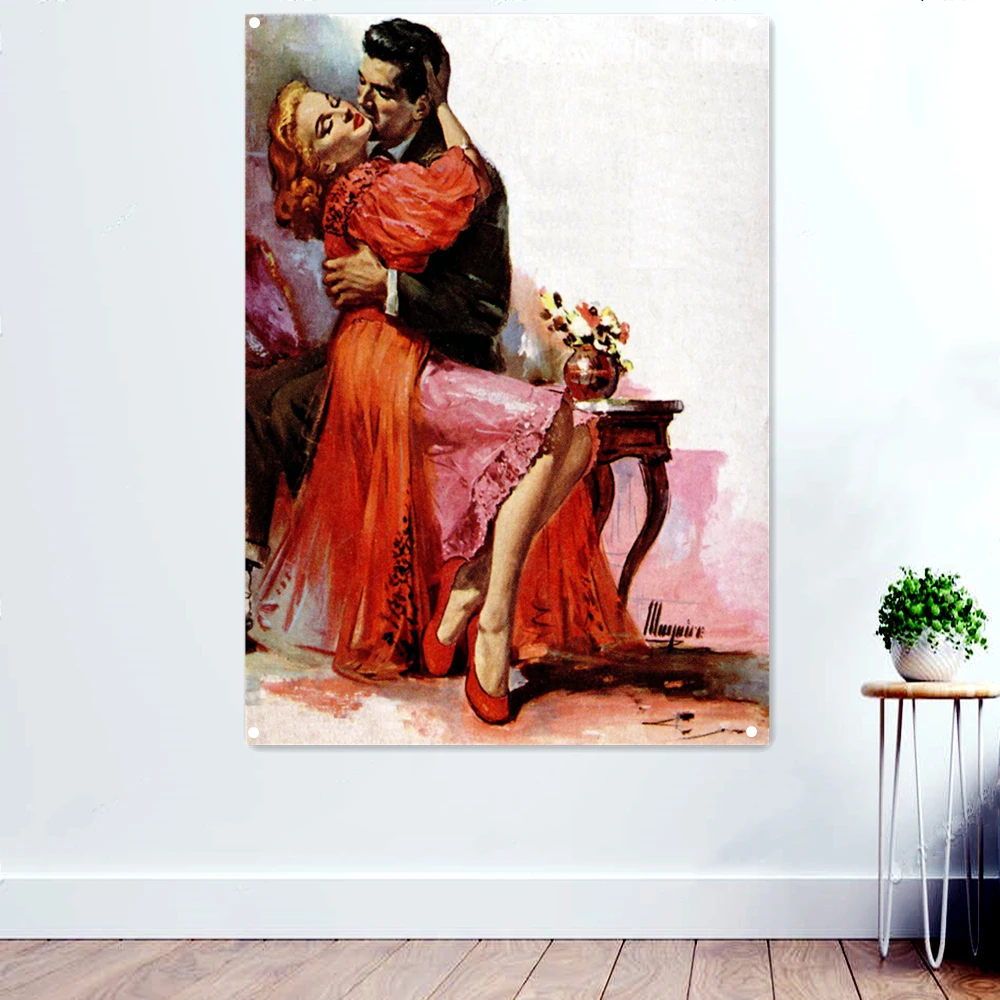 

Loving Couple Alluring Sexy Art Poster Polyester Flags Banners Vintage Pin Up Girl Wall Hanging Cloth Bar Cafe Home Decoration