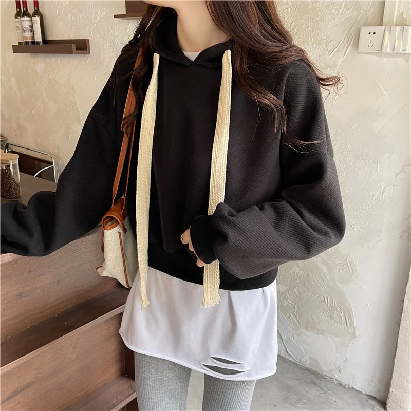 

Women's Sweater Autumn and Winter Korean Version Tide Ins2021 New Small Loose Short Hooded Lazy Wind Long Sleeved Top