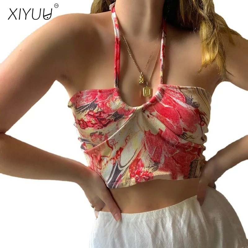 

XIYUU Summer Camis Women Tops Sexy Vest Abstract Printing Crop Top Backless Halter Lacing Camisole Beach Holiday Basis Tank Top