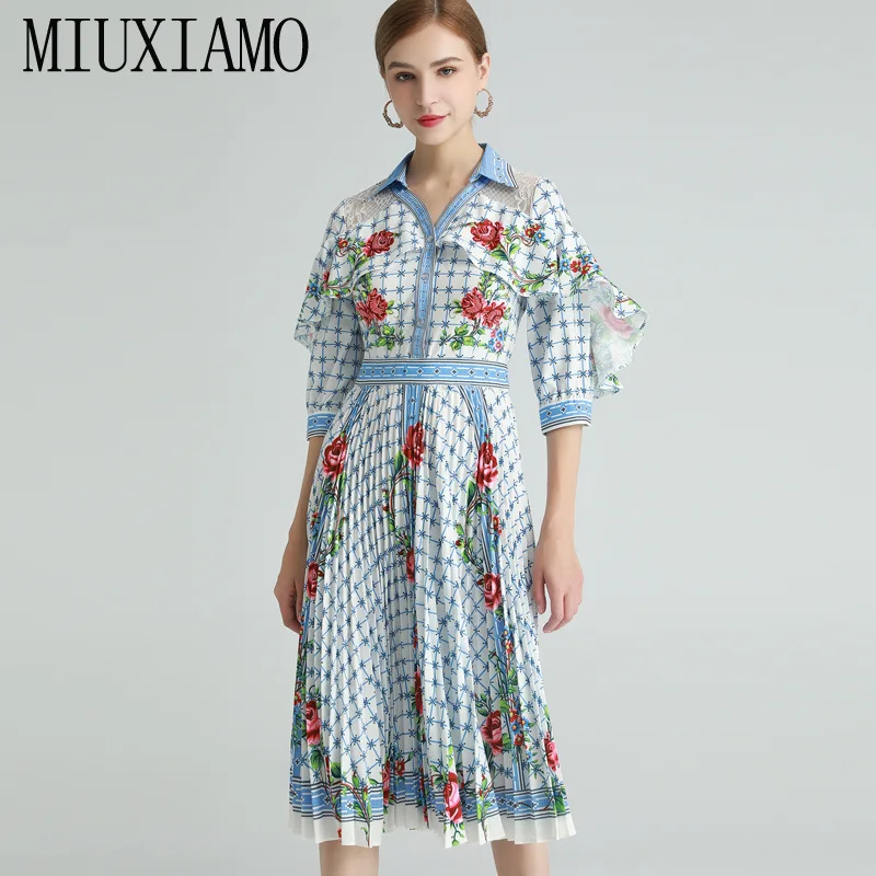 

MIUXIMAO 2021 Spring Summer Diamonds Flower Print Lace Fold Half Sleeve Holiday Slim Elegant Midi Dress Women Vestidos