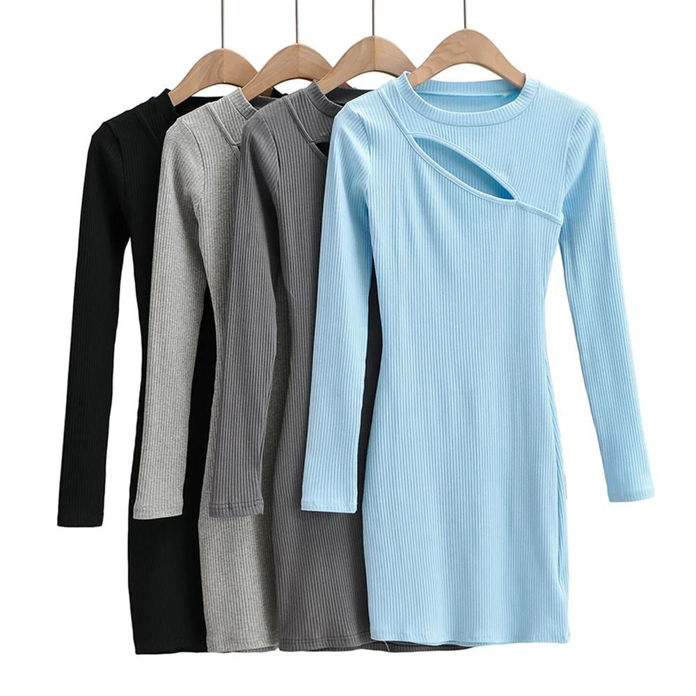 

Summer Knitted Hollow Out Patchwork Dresses For Women O Neck Long Sleeve Skinny Bodycon Mini Dress Casual Stretch Club Clothes