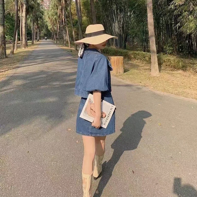 

GALCAUR Denim Two Piece Set For Women Square Collar Puff Short Sleeve Short Top High Waist Mini Skirt Slim Sets Female 2021