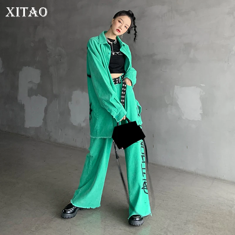 

Комплект из двух предметов XITAO, плиссированный топ на одной груди с длинным рукавом, с эластичной талией, длинные брюки с надписью, 2020, неболь...