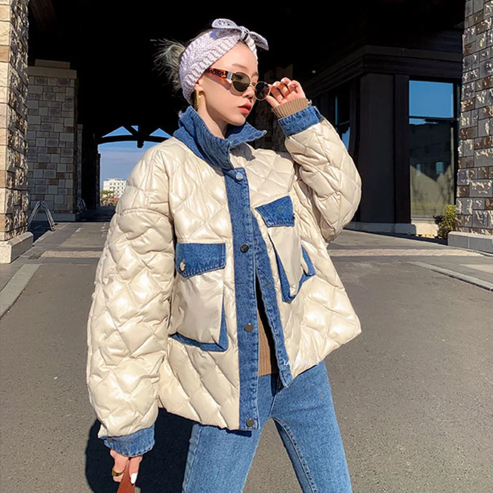 Куртка-бомбер женская джинсовая зимняя в клетку с подкладкой 2021 | Женская одежда