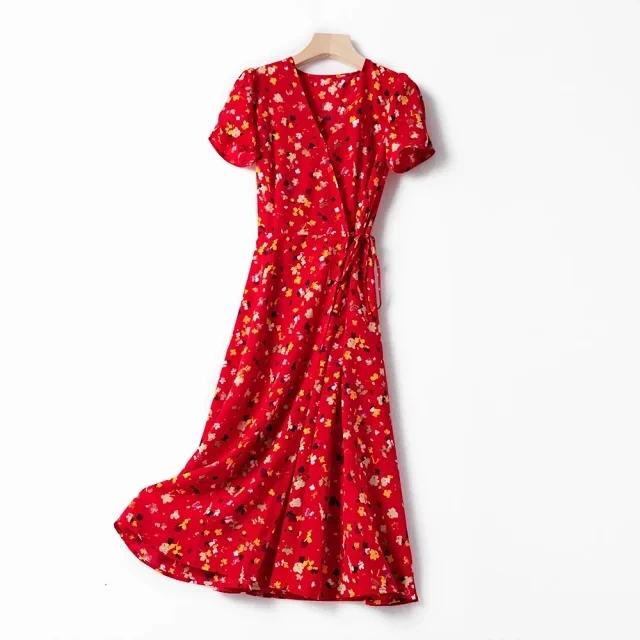 Floral Cherry Print Women Midi Dress One Piece Wrap lady V-neck Sweet Short Sleeve Split Waist Lace-up Slim Holiday Femme | Женская