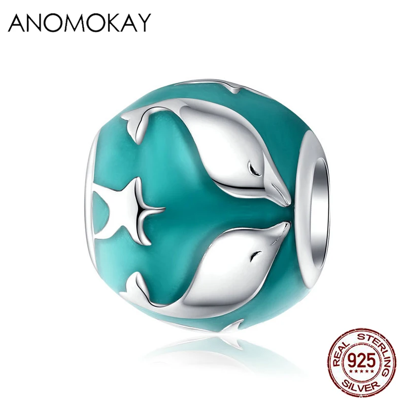 

Синий эмалевый подводный мир Дельфин Морская звезда круглая S925 серебряная подвеска браслет 925 пробы Серебряная бусина с морским животным