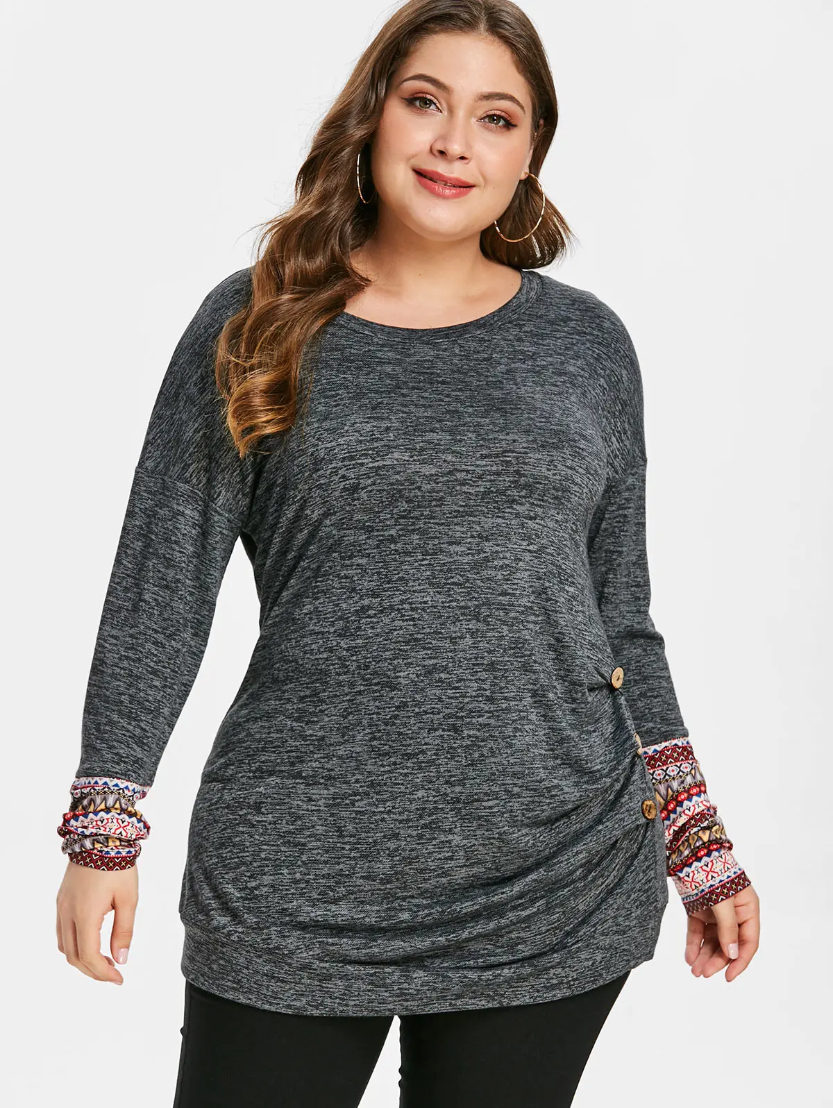 Большие размеры с принтом манжеты серая футболка длинными рукавами круглый