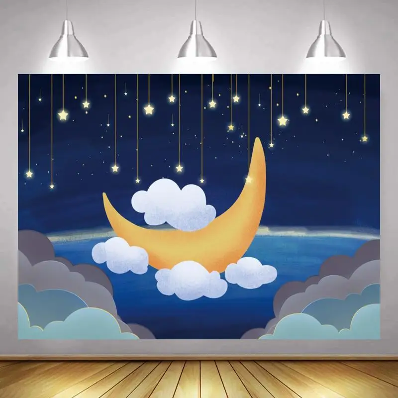 

Блестящие золотые Луны звезда Вечеринка подвеска Облако мечта фон детский день рождения портрет фотографический фон для фотостудии