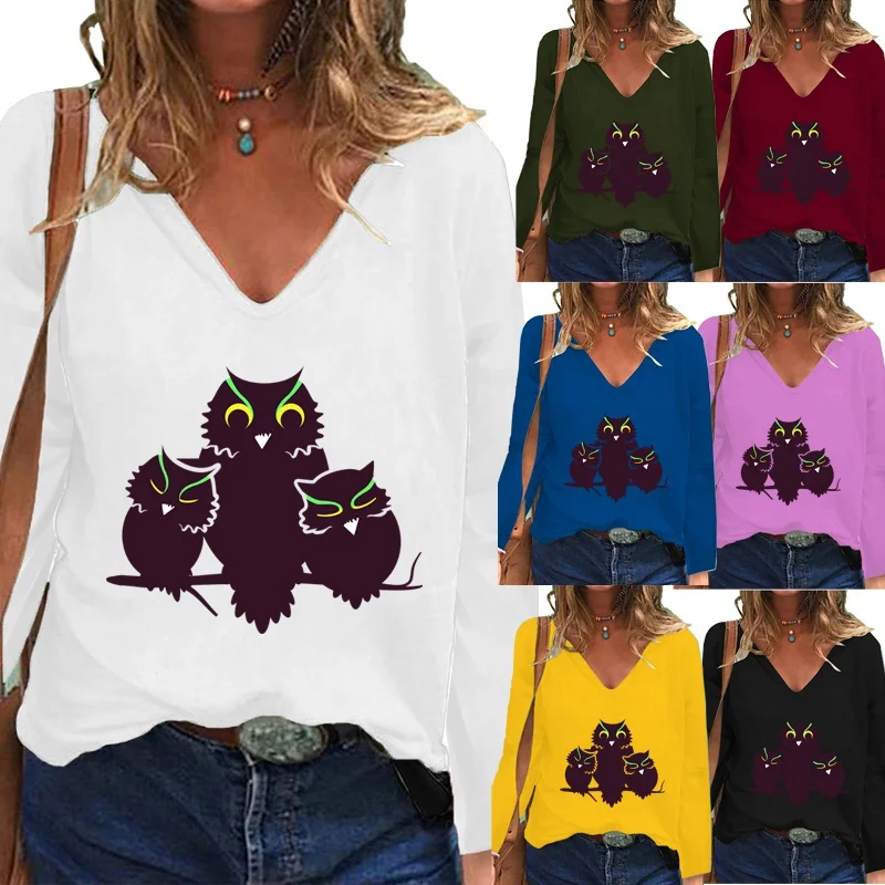 

New Autumn Women's Casual Long-sleeved Shirt Fashioncartoon Owls Printed Shirt Deep V-neck Loose Women's T-shirt XS-5XL