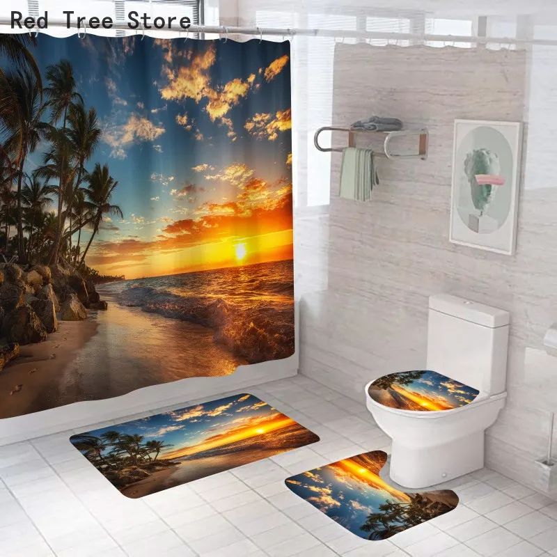 

4 Pieces Set Shower Curtains Seaside Sunset Print Pattern Curtain Cover Bathroom Decor Hanging with 12pcs Hooks Polyester Cloth