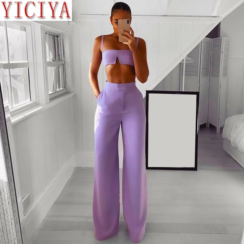 

Fashion Casual Sets 2020 New Summer Arrive Violet Two Pieces Sets Spgahetti Strap Sleeveless Short Top& Long Pants For Women