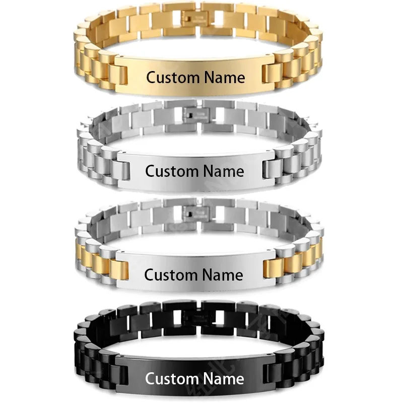 

GoldButterfly Engravable Name Bracelet Gold Tone Stainless Steel Mens ID Bracelets Free Engraving Laser Name Date Customize Gift