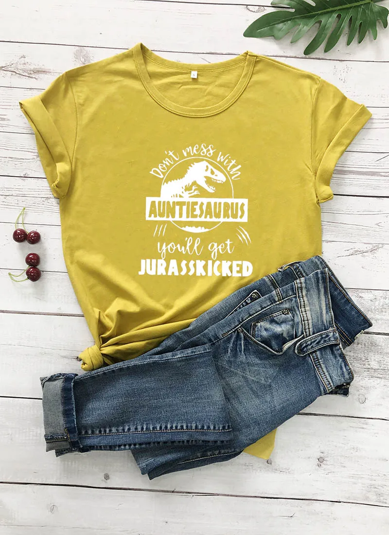 mustard-white text Не связывайтесь с AuntieSaurus Новое поступление графическая женская летняя забавная футболка из хлопка Auntie рубашка подарок для тети лучшая тётя когда-либо - Цвет: mustard-white text