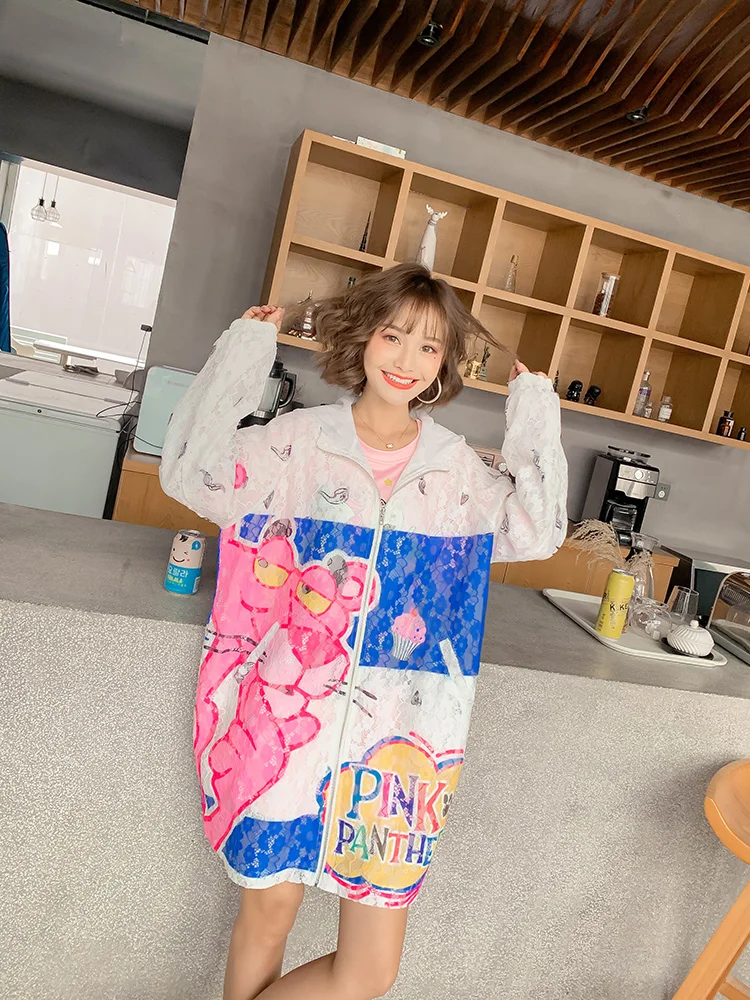 

Harajuku cardigan female plus size Thai tide brand 2020 spring printed loose lace mid-length hooded bf jacket