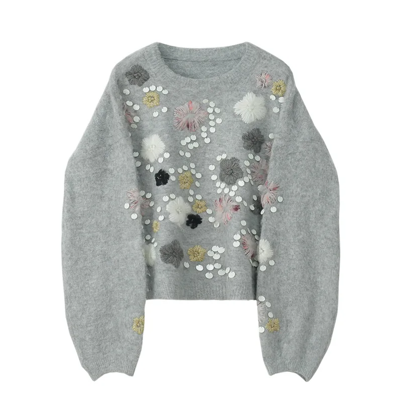 

Свитер женский демисезонный с цветочной вышивкой и блестками, T37024