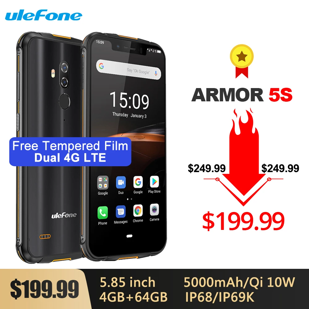 Ulefone Armor 5S водонепроницаемый IP68 NFC прочный мобильный телефон 5,85 ''Восьмиядерный Android 9,0 4 Гб+ 64 Гб Беспроводная зарядка 4G LTE смартфон