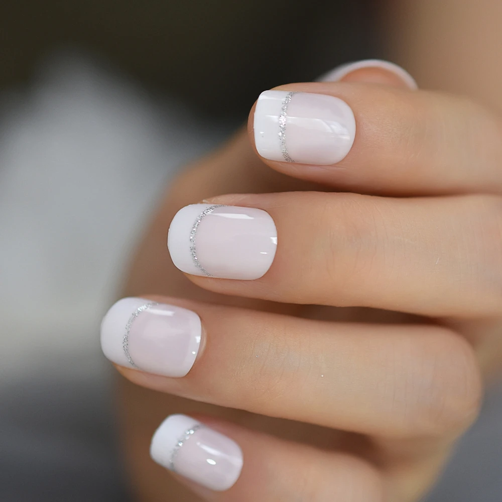 Medium Round French Nail Natural Sliver Boundary Press On Finger Nails Jelly Simple Daily Acrylic Tips 24Pcs | Красота и здоровье