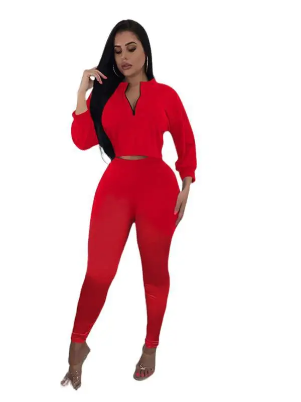 

Casual Suit Women's Autumn and Winter Three-Quarter Sleeve Short Top Pencil Trousers Solid Color Slim Fit Two-Piece Suit