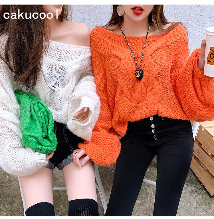 Cakucool весенний свитер женский осенний твист Slash шеи длинный фонарь рукав Джемперы