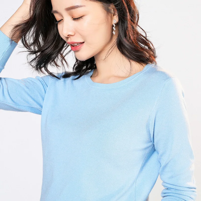 

2019 spring and autumn small round neck thin sweater women's long-sleeved solid color bottoming shirt pullover top loose sweater