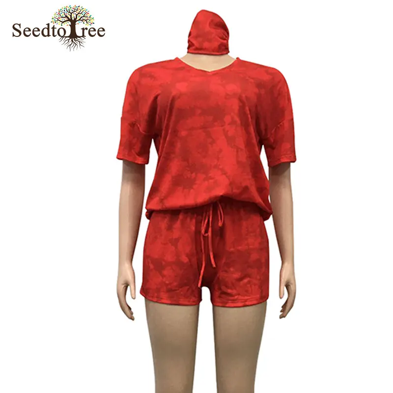 

Printed V Neck Short Sleeve T Shirt Tops & Drawstring Shorts Set with Masks Casual Summer Women Two Piece Set