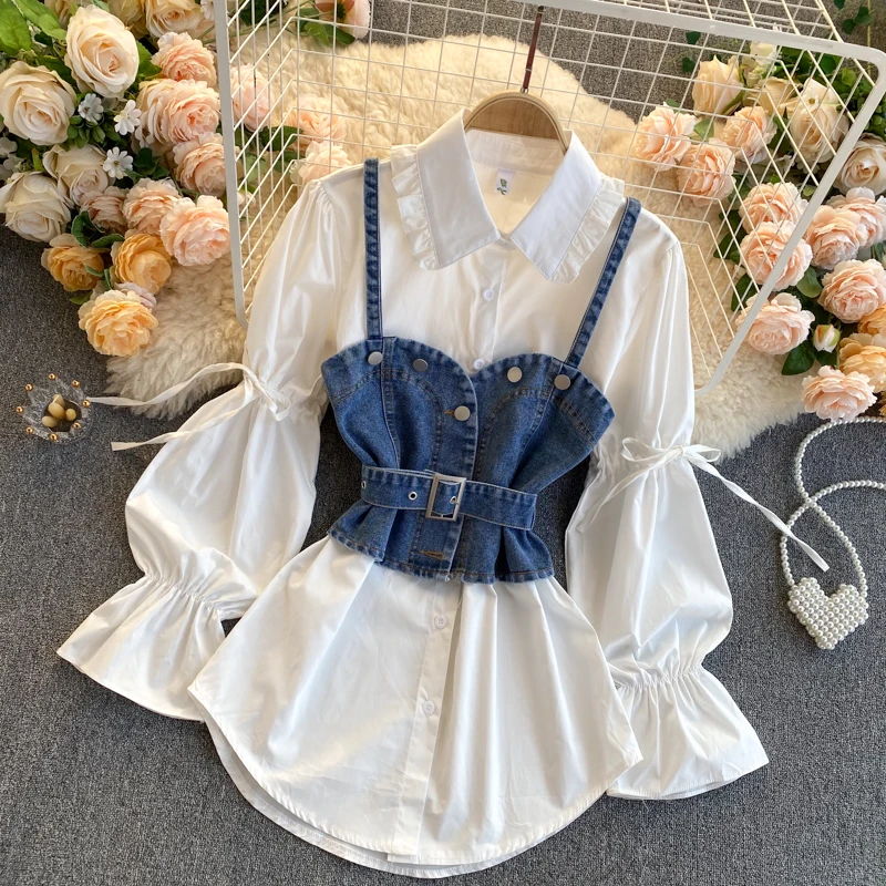 

Women Favorite Chic Twinset Blouse Casual Trendy Puffy Sleeve Shirt Matching Spaghetti Strap Belted Denim Croset Top TN1308