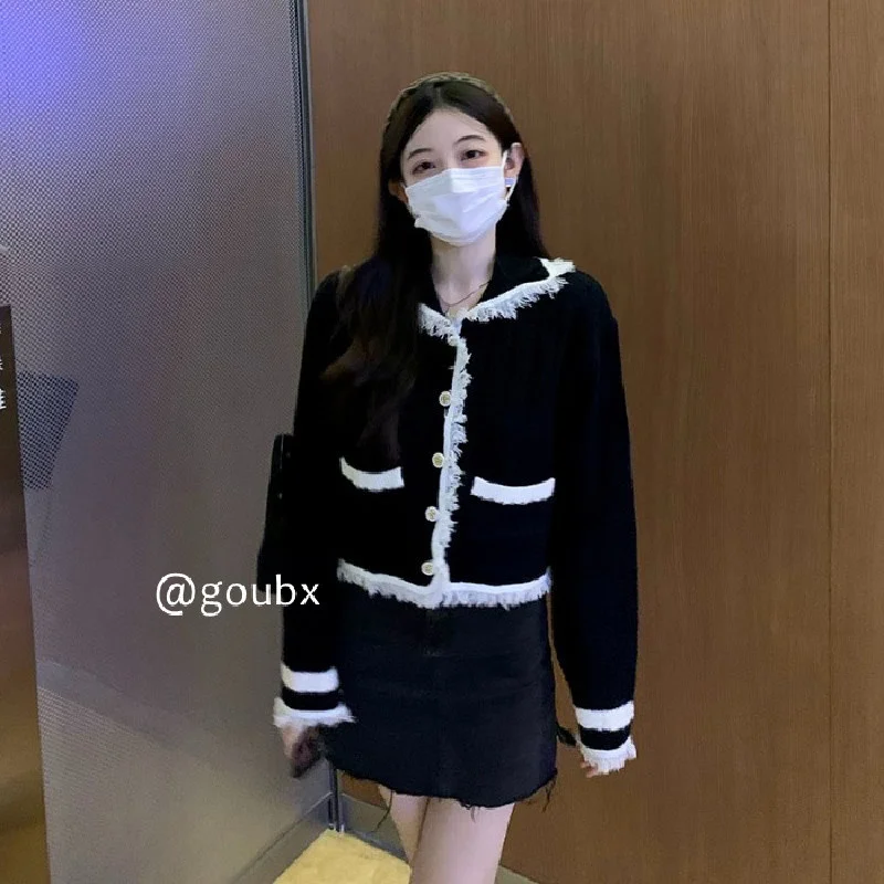 

Новинка осени 2021, однобортный Кардиган с кукольным воротником и цветным блокировкой, женский свитер в Корейском стиле, нишевый Топ