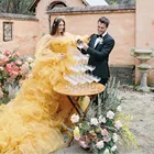 Пышные золотые тюлевые женские бальные платья для фотографии с пышными рукавами и оборками многоярусные сетчатые платья для выпускного вечера свадебное платье