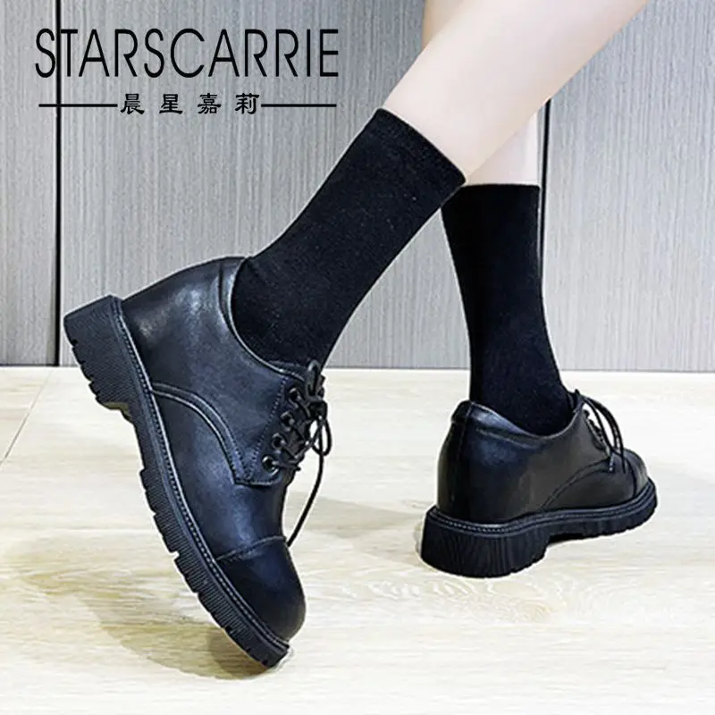 Retro small leather shoes women spring and autumn 2021 new fashion mid-heel increased single shoes leather jk Mary Jane shoes