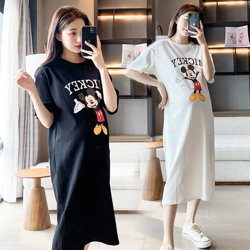 

Cartoon Print T-Shirt Dress Short Sleeve Loose Summer Dresses Women Elegant Mickey Mid-Length Dress Casual Robe Femme Vestidos