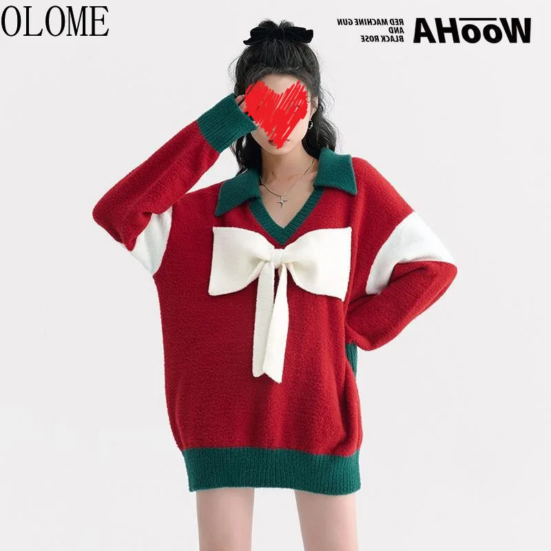 

OLOME 2022 Christmas Women's Winter Sweater Red V-neck Long Sleeved Bow Pullover Casual Loose Knitted Sweaters Ladies Jumper