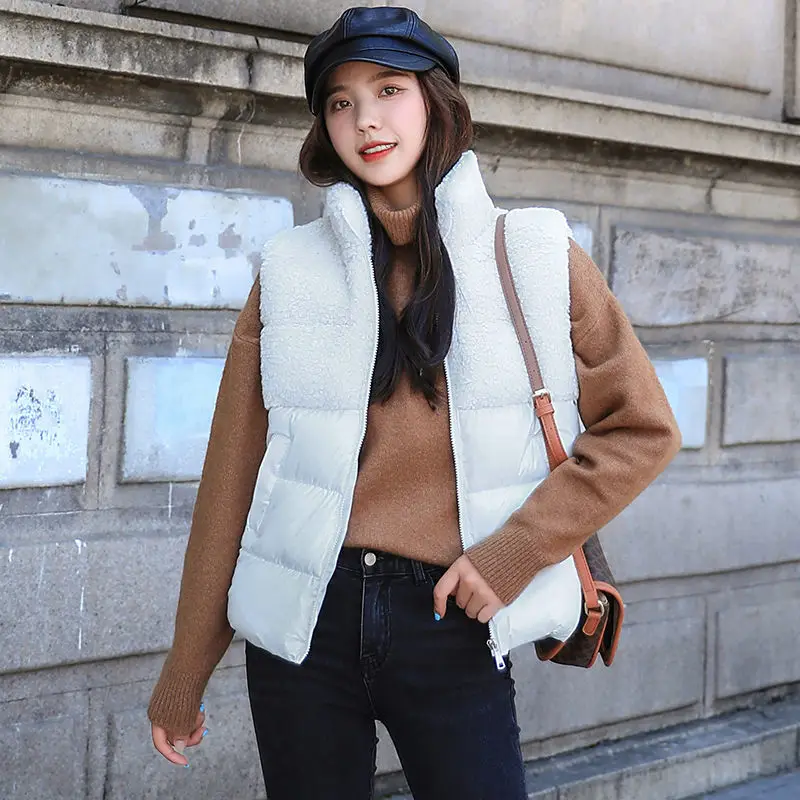 

Down cotton vest women's autumn and winter 2020 new lamb wool stitching short horse clip Korean waistcoat vest coat