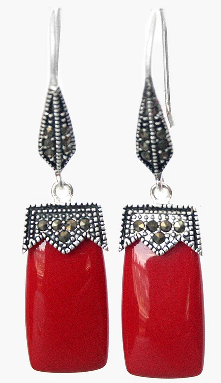 Красивые Винтажные серьги 925 из красного коралла и марказита 2 дюйма, натуральная роскошь, свадебные ювелирные изделия для девушек, натуральная роскошь, свадебная девушка