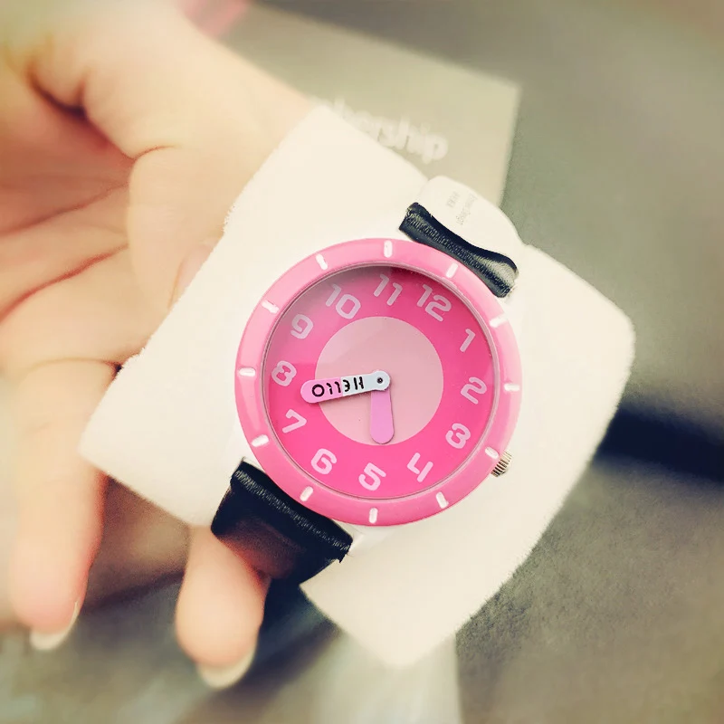 

2019 Ladies gift SWEET HELLO watch Enmex creative design two hands simple face color watch letaher quartz fashion wristwatch