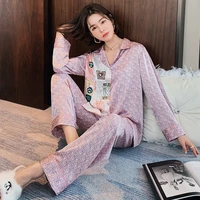 summer thin silk printed long sleeve spring and summer home service suit pijamas women sexy lounge wear sleep wear