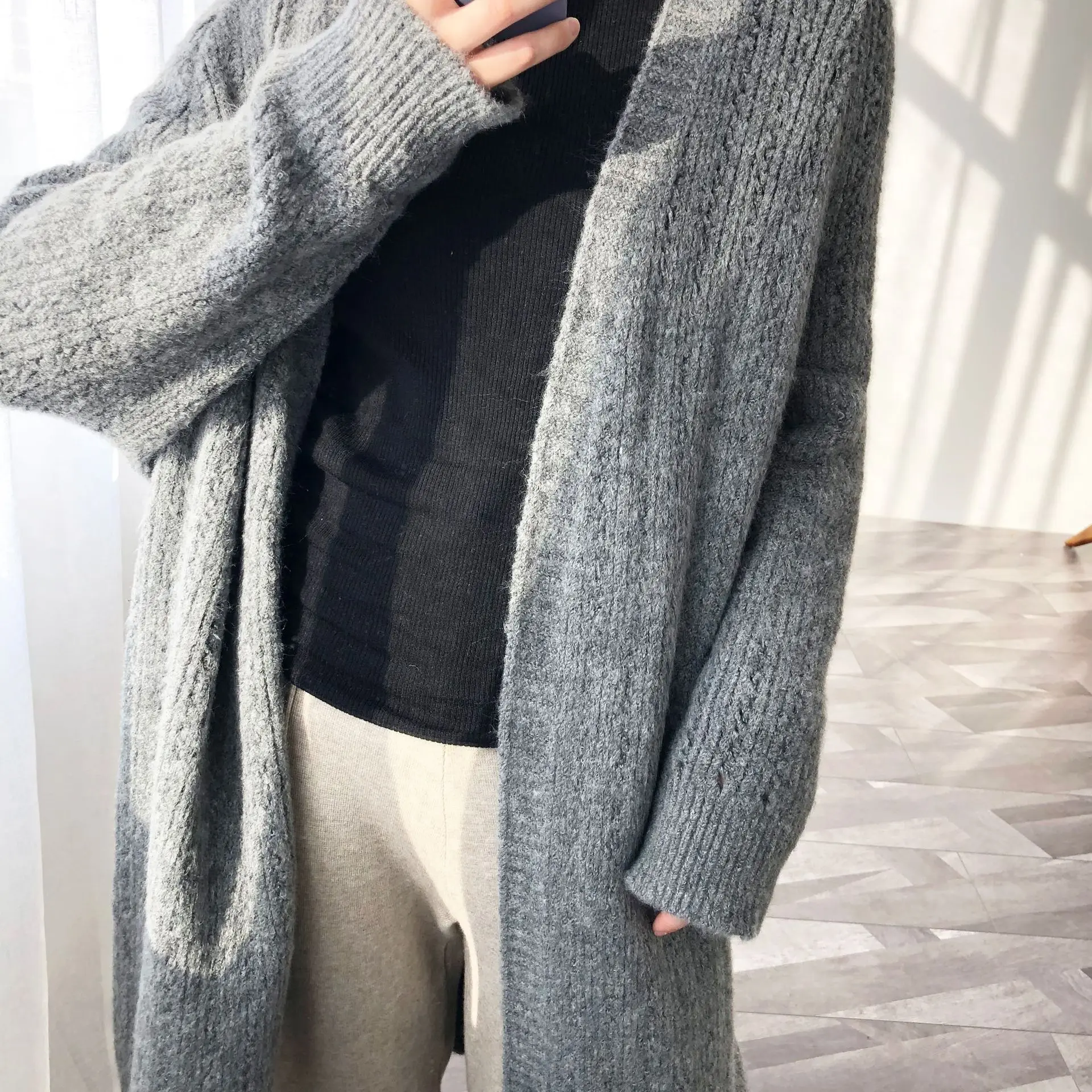 Женский свободный длинный вязаный кардиган повседневный черный Пушистый с