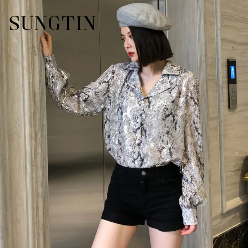 Женская винтажная рубашка Sungtin летний топ с принтом змеиной кожи отложным