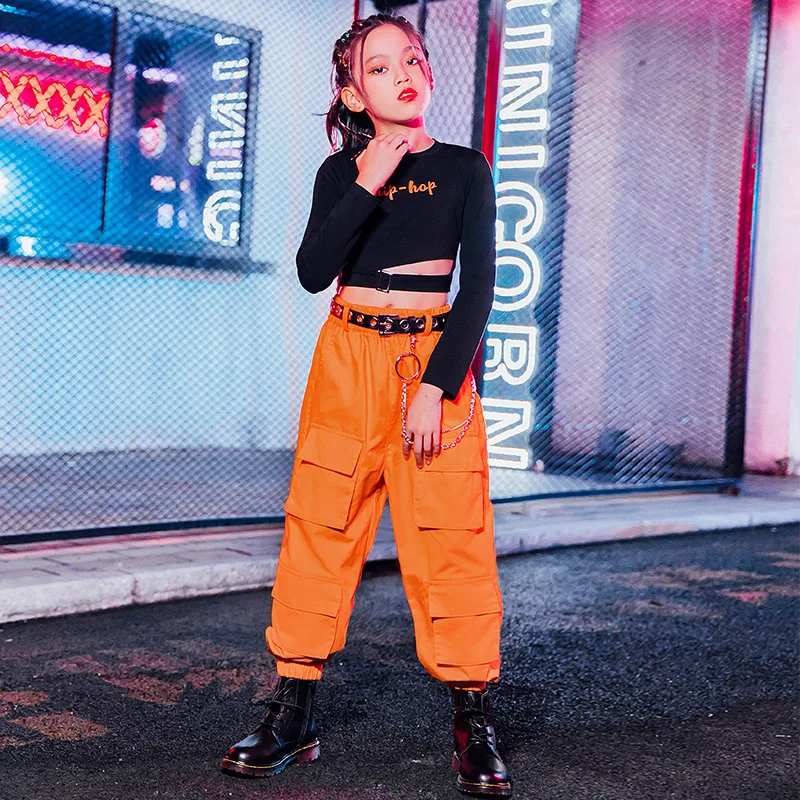 

2021 Jazz Dance Costumes For Girls Black Long Sleeve Orange Pants Street Dance Clothes Hip Hop Dance Clothes Stage Wear DN7635