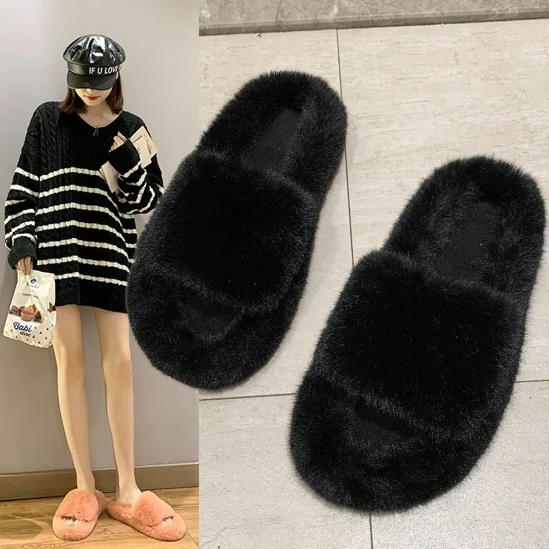 

Trendy Shoes for Women Winter Home Fur Slides for Women Non-Slip Cotton Slipper Casual Shoes Orange Black Ladies Furry Slippers