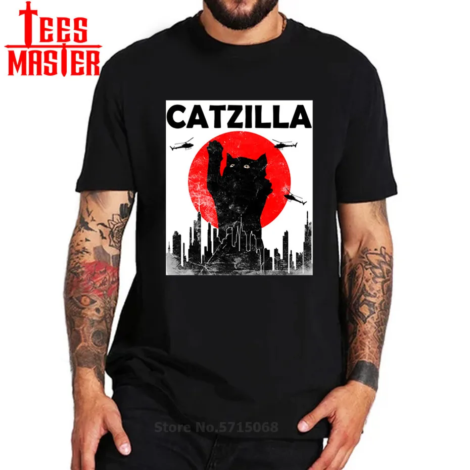 Newest Catzilla T Shirt Japanese Sunset Style Cat Vintage Kitten Lover Gift Tshirt Crewneck Soft Black Harajuku Cotton Tops Tees | Мужская