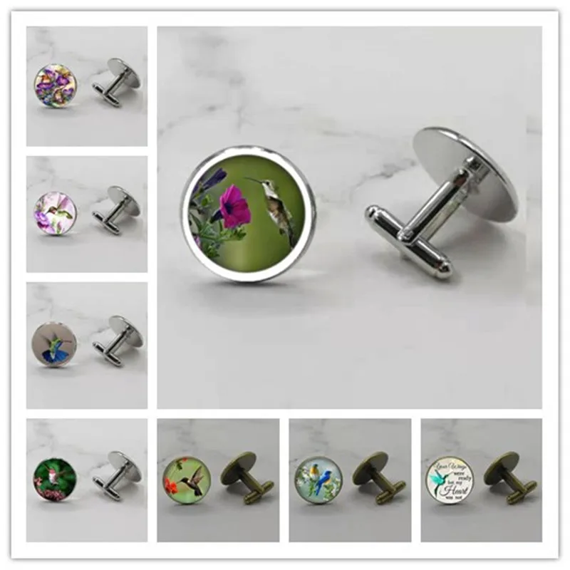 Модные мужские Запонки ручной работы с голубым Колибри из стекла для рубашки |