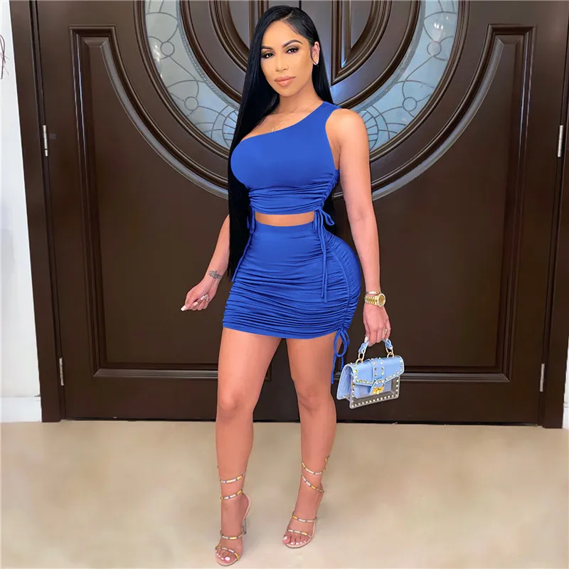 

wsevypo Women Summer Skirt Outfits Solid Color Two Pieces Side Drawstrings Ruched Sets One Shoulder Crop Tops+Mini Skirt 6Colors