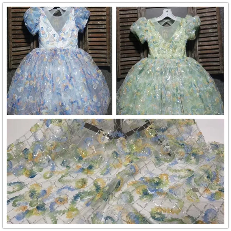 

New 3D chiffon fabric sequin embroidery French tulle lace fabric feminine evening dress skirt kids design fabric