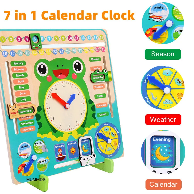 

Деревянные игрушки Монтессори, часы с календарем и лягушкой, Детские погодные сезоны, познавательные игрушки для дошкольного раннего разви...