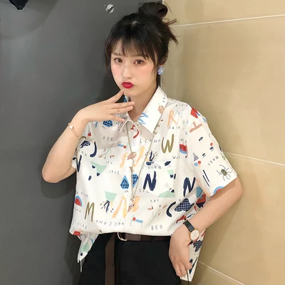 

Рубашка женская с коротким рукавом и мультяшным принтом, свободная блузка в стиле ретро, милый шикарный топ в японском стиле Харадзюку, на л...