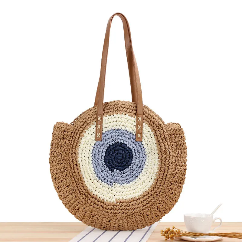 

Women Round Straw Bag Rattan Woven Shoulder Bag Wicker Simple Portable Beach Tote Top Quality Bolsa De Palha Sac A Main Bolsos