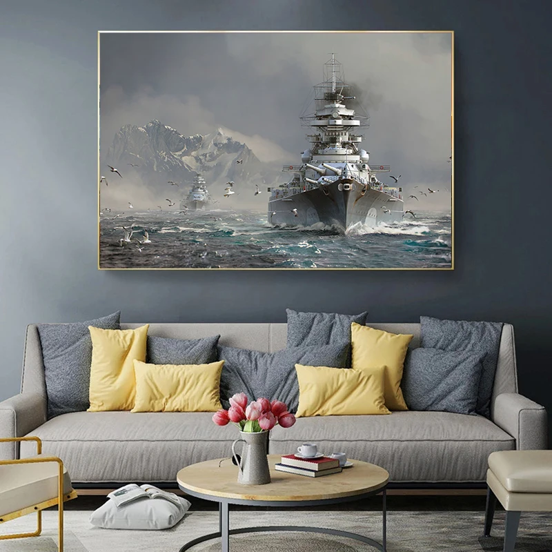 Черно-белая Картина на холсте военный корабль | Дом и сад