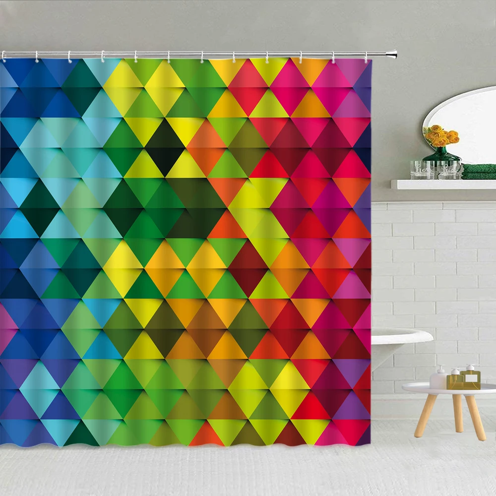 

Colorful Geometric Circle Pattern Shower Curtain Rainbow Creative Stripe Bubble Fabric Bathroom Supplies Hanging Curtains Decor