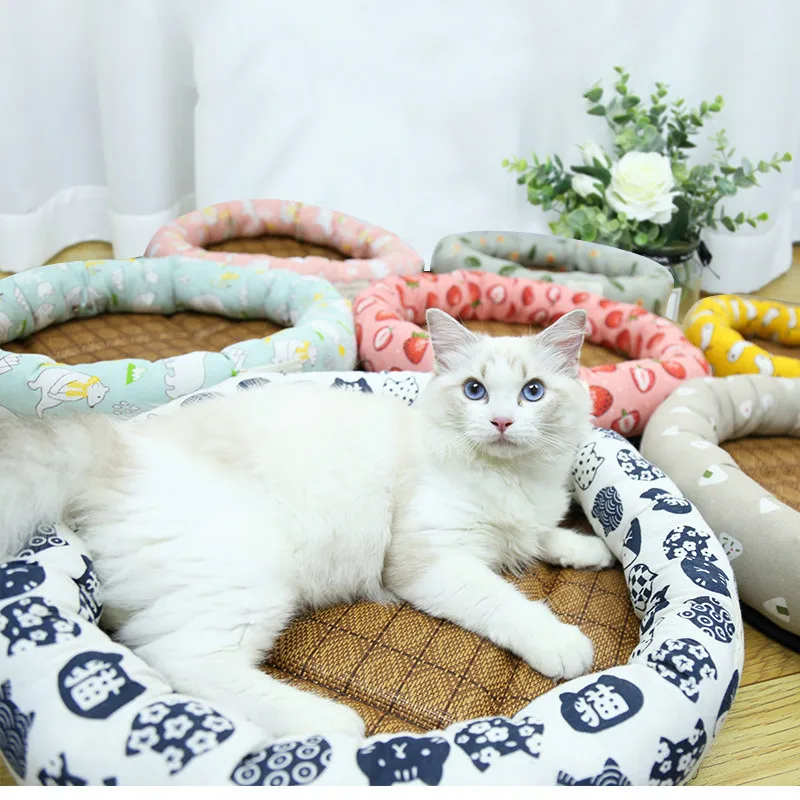 Cat Summer Mat Cooling Sleeping Bed Breathable Cartoon Cats Kitten Mat Cushion Japanese Style Pets Dog's Soft Round Kennel Bed