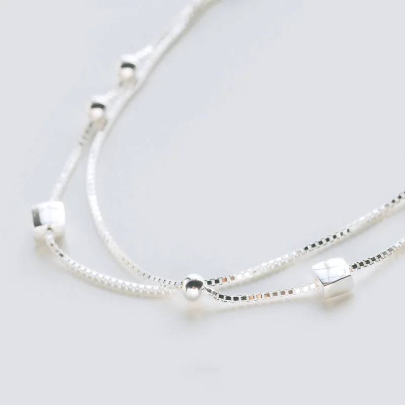 Женский двойной браслет из серебра 100% пробы с бусинами|Гибкие и жесткие браслеты|